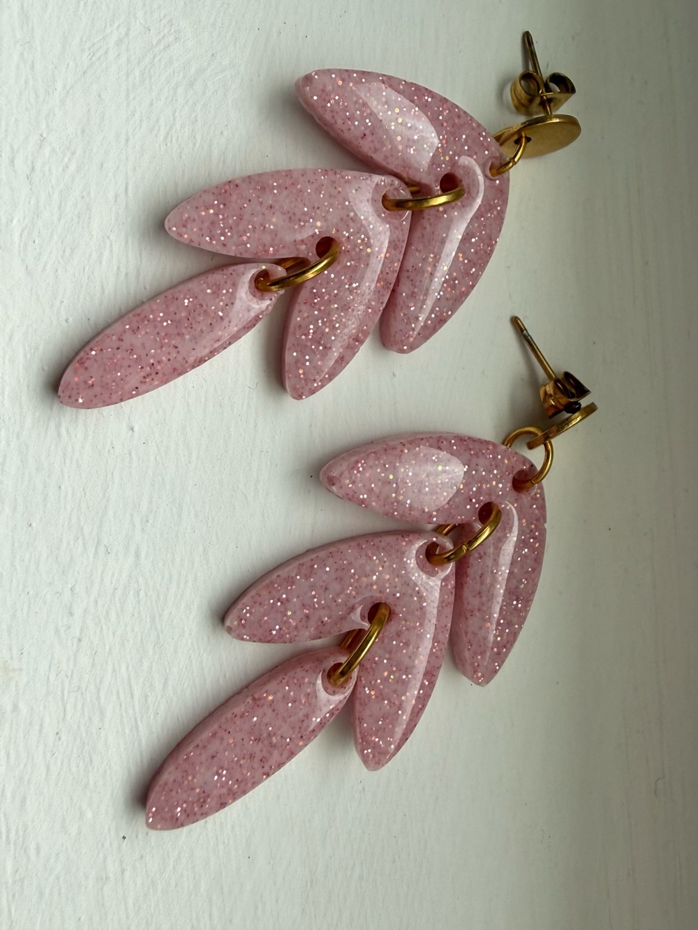Pink Glitter Leaf Drop Earrings by